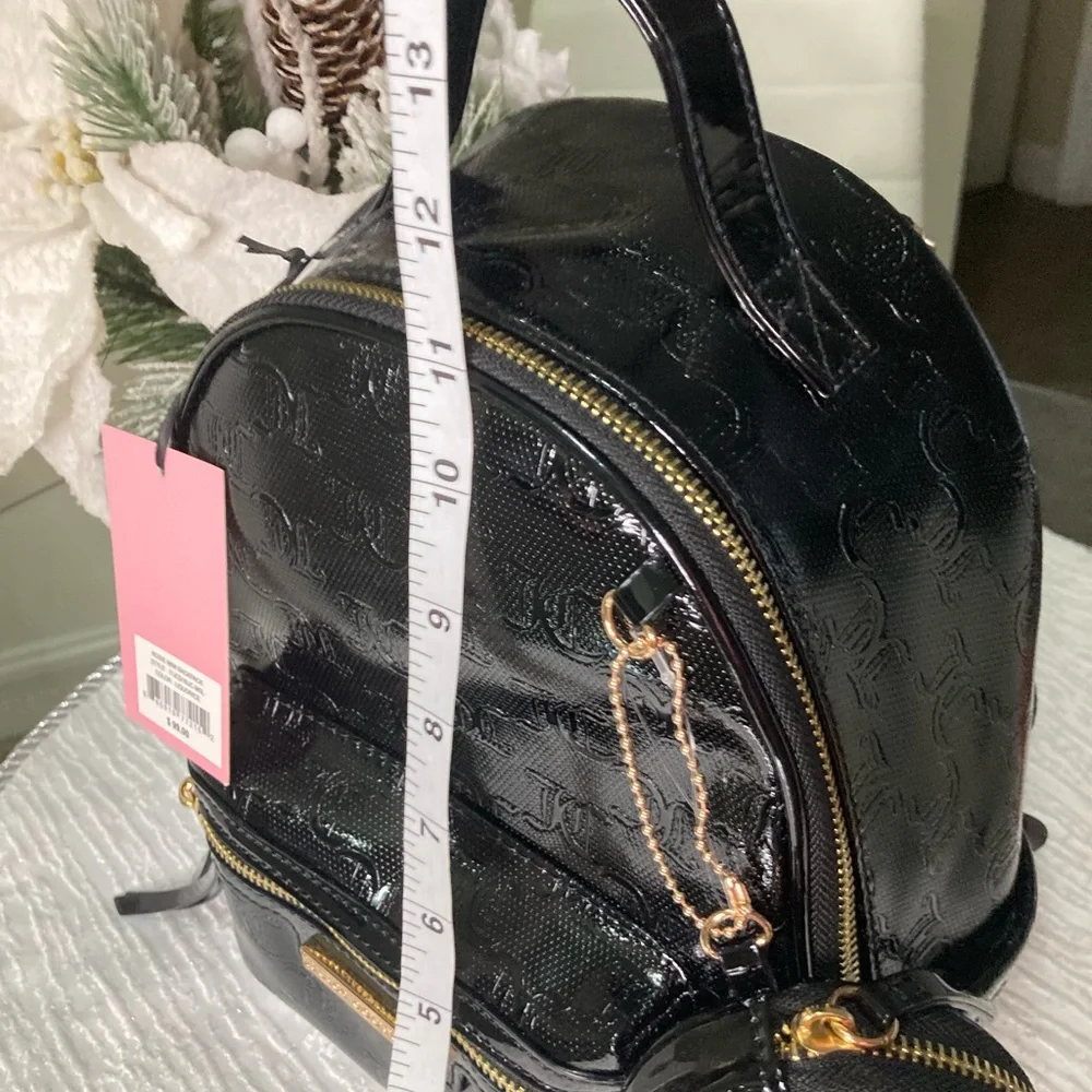 Juicy Couture™ Black Patent Mini Backpack with Logo Straps & Coin Pouch